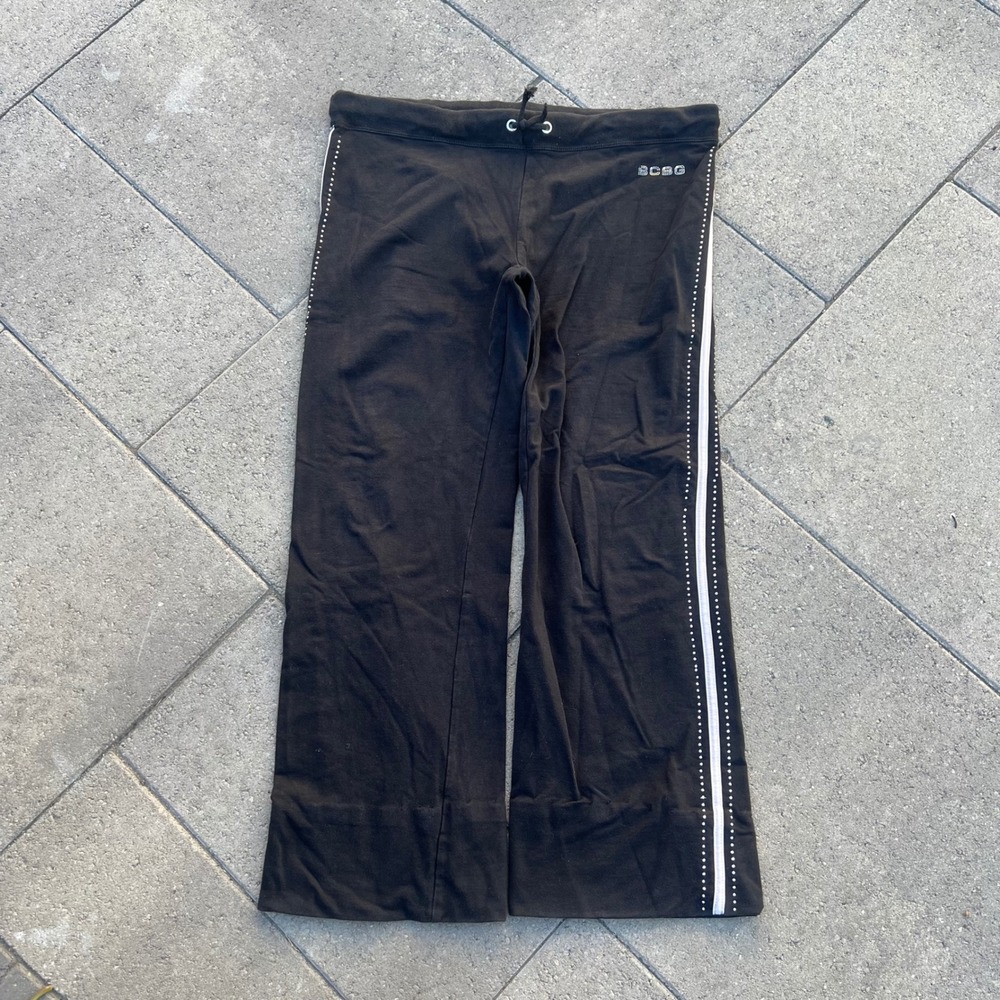 BCBG Max Azria Women XL Black Rhinestone Logo Side Stripe Yoga Lounge Pants
